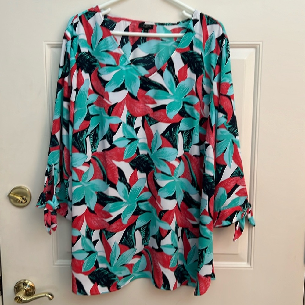 Talbots Women's Tropical Print V-Neck 3/4 Tie Sleeve Blouse. 2X